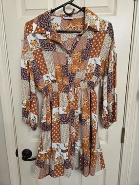 NWOT Abela Story + Co Patchwork Floral Button-Front Women’s Dress in Rust, Small